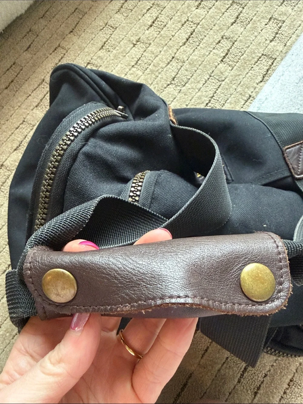 Eddie Bauer Black Canvas Duffel Bag with Brown Trim